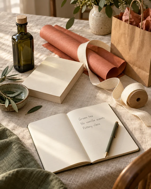 A notebook listing green tea, no vanilla scents, and a pottery class, beside simple gifts and wrapping supplies.