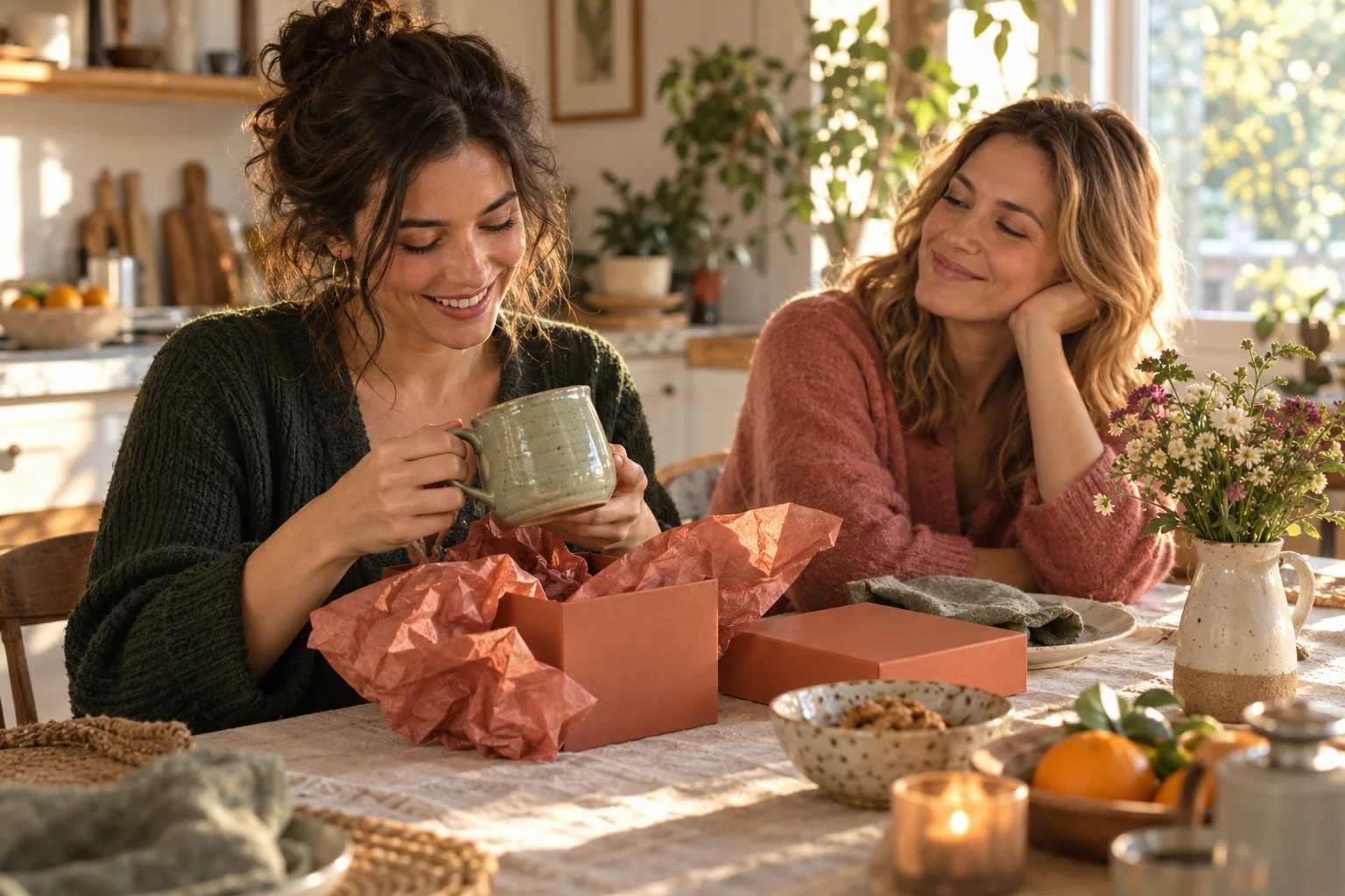 Two friends smiling as one lifts a green ceramic mug from a coral gift box.